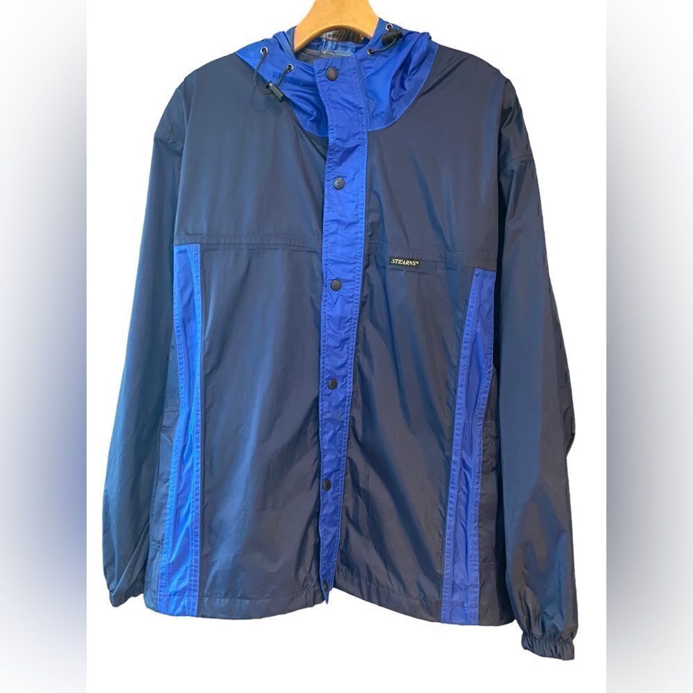 Stearns Sz M Blue Black Dry Wear Raincoat Snap Front Hoodie Utility Work Jacket